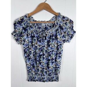 dELiA*s Delias Size Small Top Smocked Hem Blue Floral‎ Pansy Cotton Short Sleeve